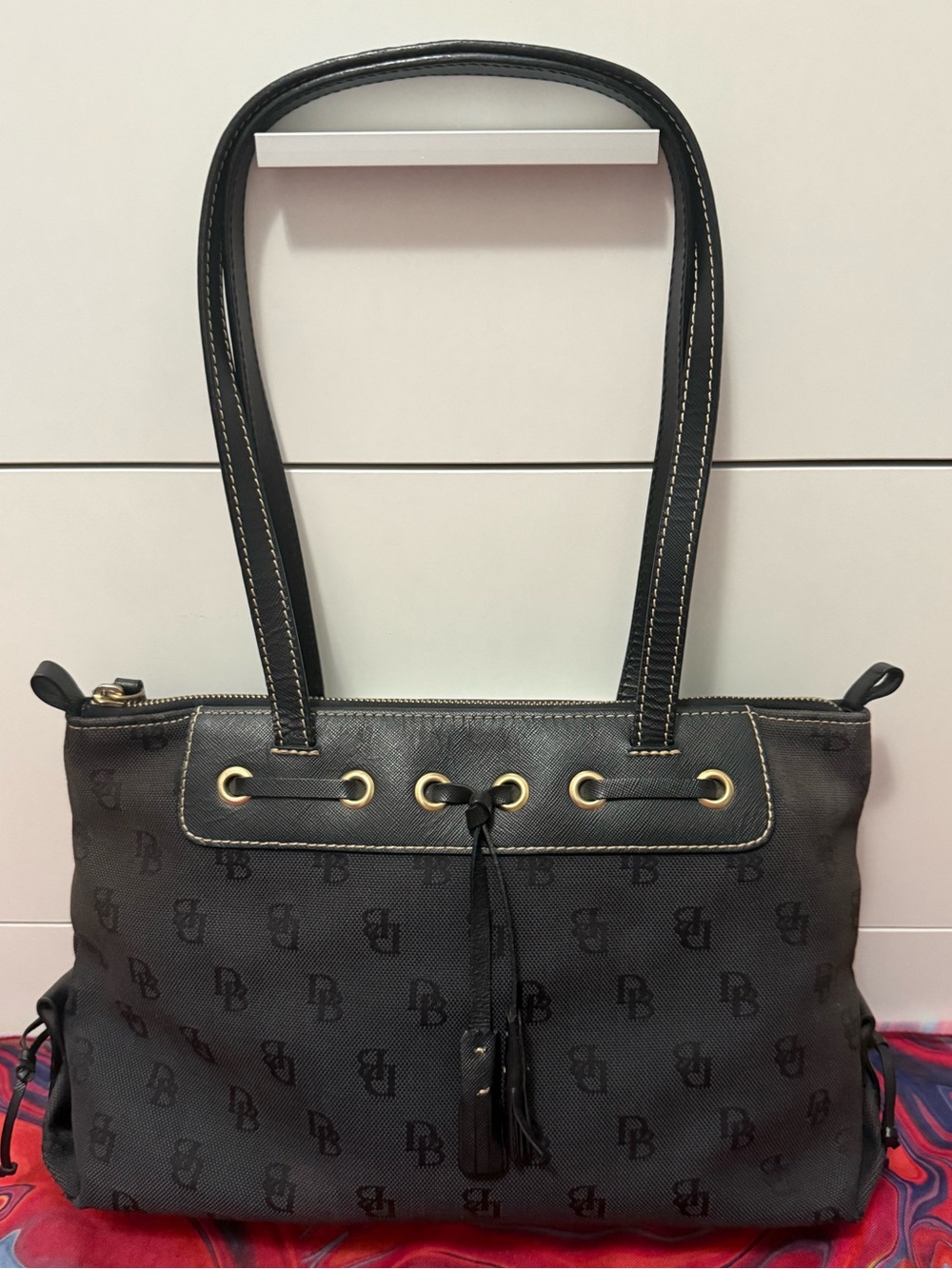 Vintage Dooney & Bourke Black Monogram Lace Up Tote W Removable Portfolio Pocket